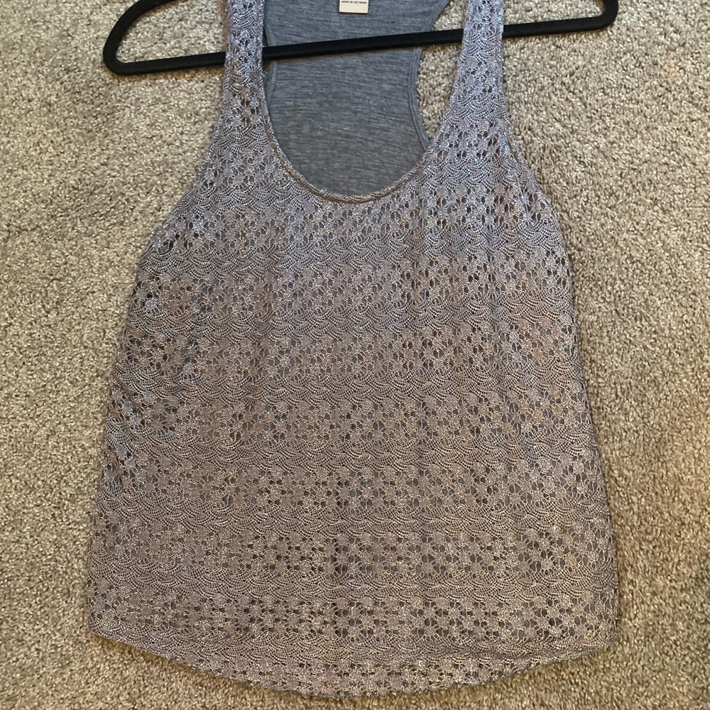 Lucky Brand Gray Cotton and Lace Sleeveless Tank Top